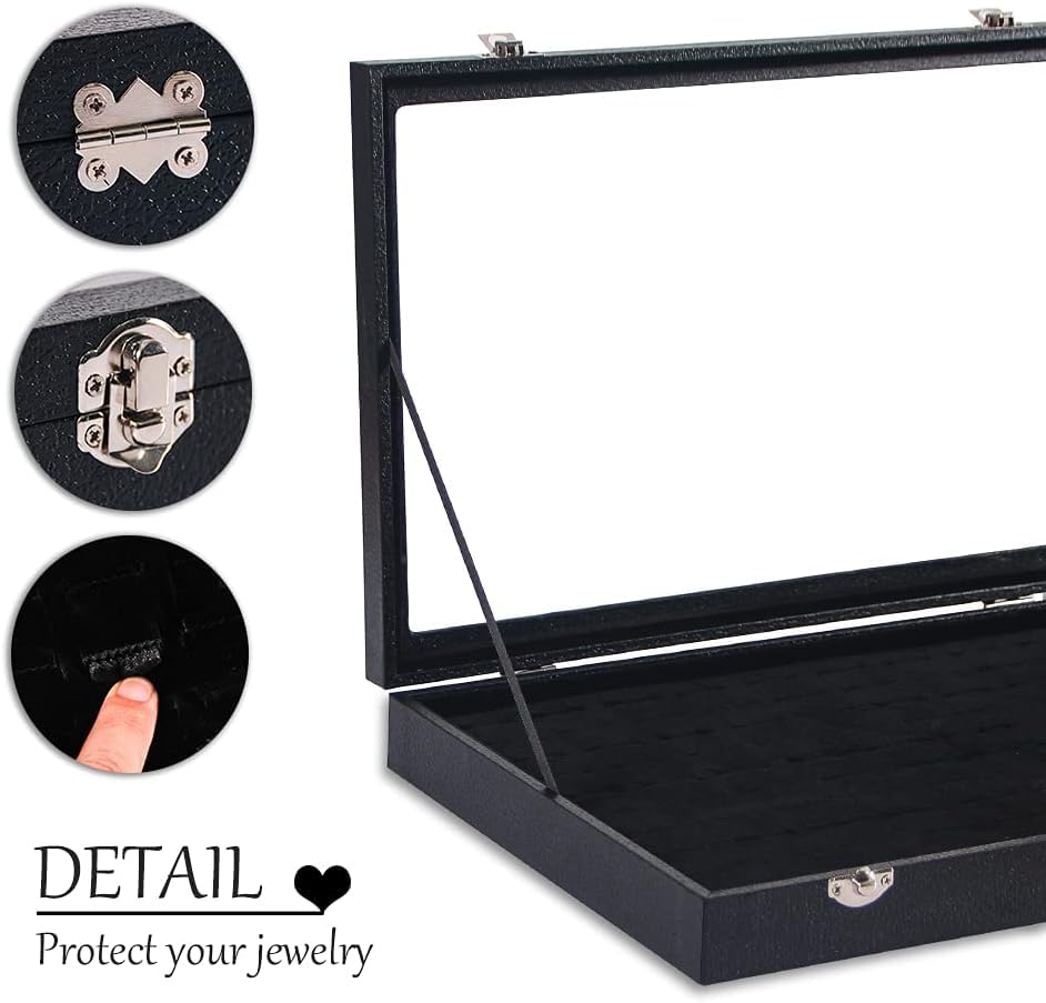 Coward Ring Organizer Jewelry Box, Black Velvet 100 Slots Ring Display Tray Case with Transparent Glass Lid for Home Use or Store Selling Show - color: Black Velvet, size: Ring Box