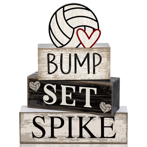 Yuntau 4 Pcs Volleyball Centerpieces for Table Volleyballs Tiered Tray Decorations Wooden Bump Set Spike Farmhouse Decorative Faux Book Stack Block Sign for Room Shelf Coffee Table Fireplace Mantel - style: Volleyballs