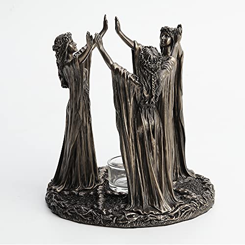Veronese Design 6 3/4 Inch Tall Triple Moon Goddess Maidens Ritual Candle Tealight Holder Cold Cast Bronzed Resin Sculpture Wiccan Alter Figurine Home Decor New Age Religious Collectible