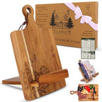 Wood Cookbook Stand for Kitchen Counter, Mother's Day Gift for Mom, Reversible Acacia Recipe Book Holder, Cooking Measurement Conversion Card, Adjustable Tablet Holder, Charging Cable Slot - style: Country Rustic