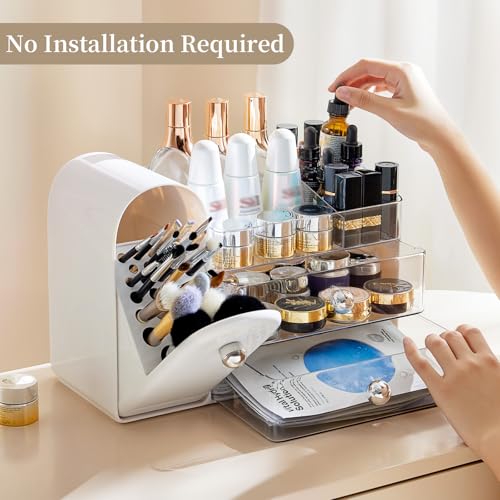 Makeup Organizer with Brush Holder for Vanity, Large Cosmetic Display Cases with 2 Drawers, Skincare Organizer for Bathroom Countertop, White - color: White
