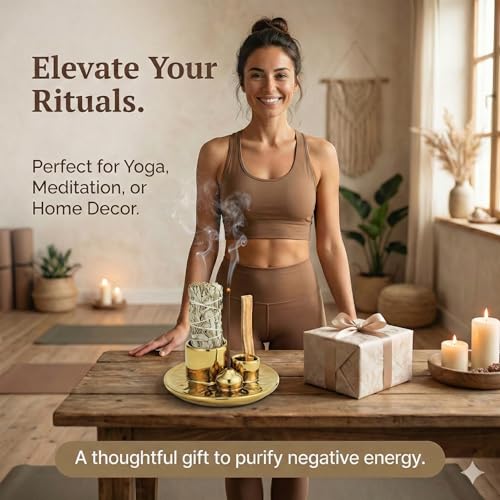 Handmade Ceramic Incense Burner for Palo Santo Incense Sticks, 4 in 1 Multi-Purpose Sage Holder for Burning, Ash Catcher Tray for Meditation Yoga Room (Golden) - color: Golden