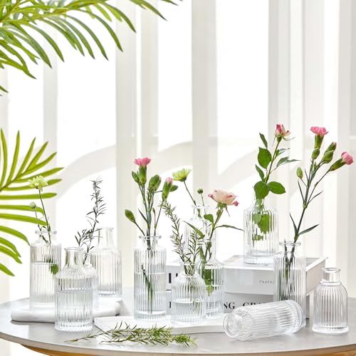 12 Sets Mini Small Vases for Flowers Bulk Glass Ribbed Bud Vases Set for Centerpiece Table Decorative Wedding Reception, Housewarming Gift Holiday Christmas