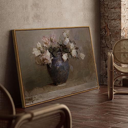 InSimSea Framed Canvas Wall Art Vintage Decor, Retro Floral Rustic Decorations for Living Room, Farmhouse Wall Decor for Living Room Bedroom, 24"x36" - color: Roses in Vase, size: 36"L x 24"W