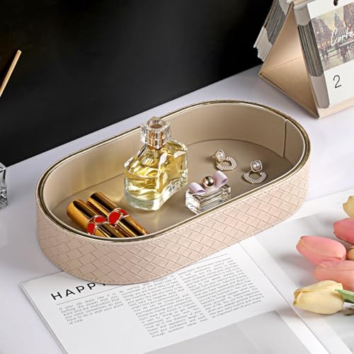 Hipiwe Perfume Trays PU Leather Vanity Tray for Dresser Bathroom Valet Trays Oval Desk Tray Jewelry Dish Holder Decorative Catchall Trays Nightstand Organizer, Beige - color: Beige