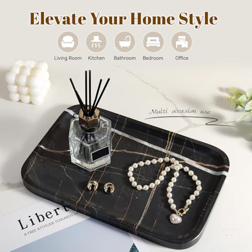 Koville Marble Tray, 12"x8" Natural Marble Vanity Tray for Countertop Bathroom Kitchen Dresser, Decorative Catchall Trays for Perfume Jewelry, Rectangular Stone Serving Tray(Black) - color: Black