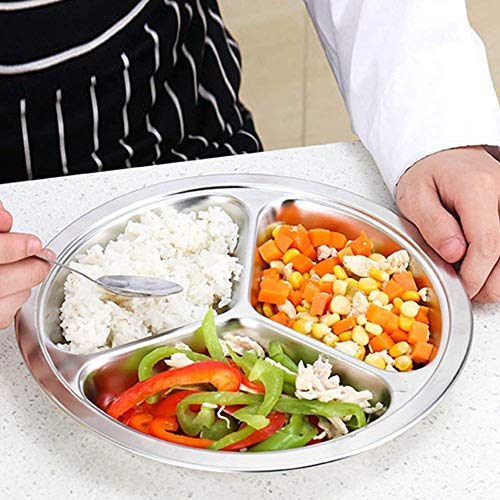 Stainless Steel Dinner Plates 2 Packs 8 Inch Portion Control Divided Plates for Adults Bariatric Weight Loss Diabetic Diet Reusable Camping Serving Round Dinner Plate 3 Compartment - size: 7.87 Inch (3 Sections)