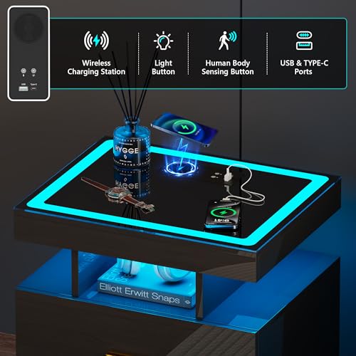 Smart LED Nightstand Set of 2 - with - Modern Night Stand with Wireless Charging Station, Glass Top Bedside Table with Drawers for Bedroom, Glossy End Table with Human Body Induction (Black) - color: Black X2 2 Drawers-glass Top