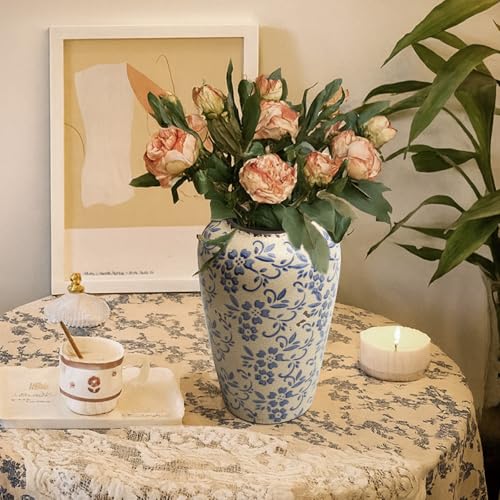 BEAHOT 8.6 Inch Chinoiserie Ceramic Vase – Blue and White Tall Vintage Flower Vase, Large Retro Chinoiserie Cracked Porcelain Decor for Living Room Centerpieces, Bookshelf, Grand Millennial Decor - color: White-blue
