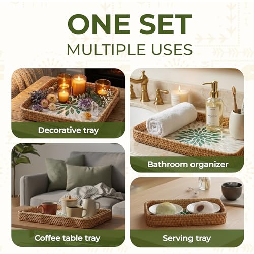 Set of 3 Rattan Serving Trays with Mother of Pearl Inlay – Handwoven Boho & Modern Farmhouse Decor for Kitchen, Bathroom, Coffee Table & Ottoman - style: Rattan Trays with Mother of Pearl Inlay