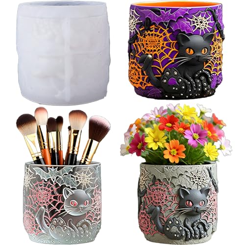 1Pc Gothic Black Cat Jar Silicone Mold 3D Spooky Spiderweb Resin Mold for Epoxy Casting, Concrete DIY Makeup Brush Holder Succulent Planter Pen Cup Candle Handmade Halloween Gifts Home Decor - color: Cat Resin Mold