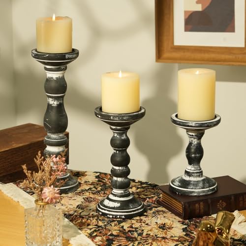 Wooden Pillar Candle Holder: Rustic Black Candle Stand Wood Distressed Candleholders Farmhouse Fall Decor for Christmas Fireplace Mantle Dining Table Living Room Shelf Set of 3 - color: Black, size: 5.9", 8.26", 11.81"
