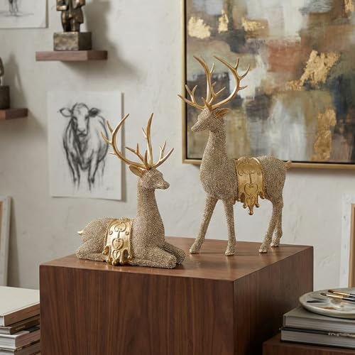 Set of 2 Modern Deer Statues for Home Decor, Handcrafted Resin Elk Sculptures with Intricate Beaded Texture, Elegant Animal Figurines for Living Room, Bookshelf, Office & Housewarming Gift - color: Gold