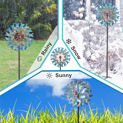 66 Inch Metal Outdoor Wind Spinner, 2-Way Wind Sculpture Spinner with Metal Stake, Waterproof 360 Degrees Kinetic Windmill Art Decoration for Patio Garden Lawn (A- Vintage Blue) - color: A- Vintage Blue