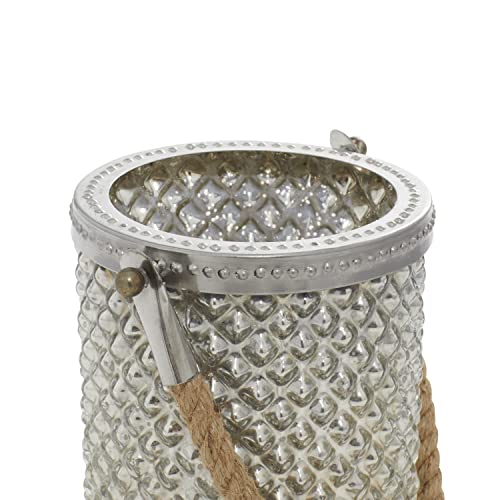 Deco 79 Glass Handmade Indoor Outdoor Candle Lantern Decorative Lantern Candle Holder with Rope Handle, Lantern 5" x 5" x 13", Silver - size: 5" by 13"