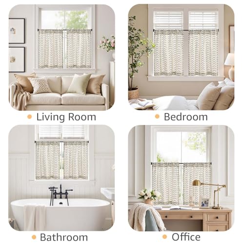 jinchan Boho Linen Blend Kitchen Curtains 24 Inch Length Herringbone Printed Tier Curtains for Small Windows Bathroom Cafe Laundry Room Set of 2 Rod Pocket Black on Linen - color: Arrow | Black on Linen, size: 26"W x 24"L (Pack of 2)