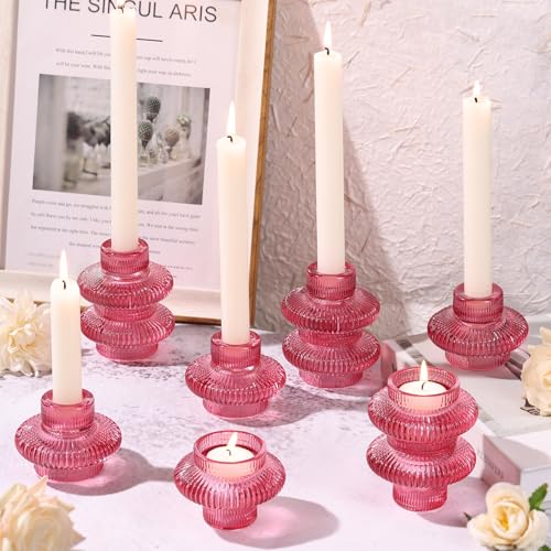 Pink Candlestick Holders Set of 10, Pink Glass Candle Holders for Pillar Candles, Taper Candle and Tealight Candles, Taper Candle Holders for Wedding, Table Centerpiece - color: Pink
