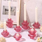 Pink Candlestick Holders Set of 10, Pink Glass Candle Holders for Pillar Candles, Taper Candle and Tealight Candles, Taper Candle Holders for Wedding, Table Centerpiece - color: Pink