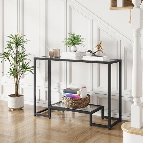 Yaheetech 42 Inch Console Table, Tempered Glass Entryway Table, 2-Tier Sofa Tables with Storage Shelves, Entrance Tables for Hallway Living Room, Black - color: Black
