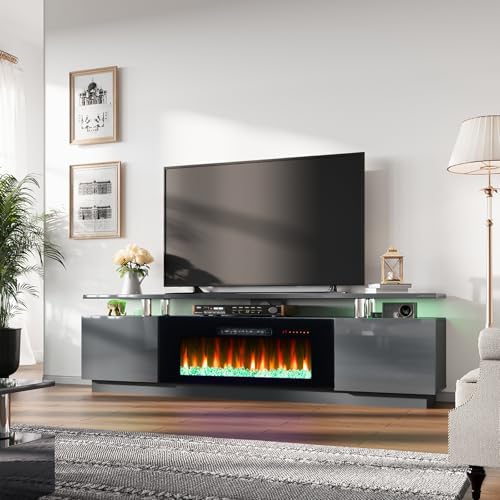 AMERLIFE Fireplace TV Stand with 40" Fireplace, 80" Modern Fireplace Entertainment Center LED Lights, 2 Tier TV Console Cabinet for TVs Up to 90", Grey - color: Grey, size: 80"