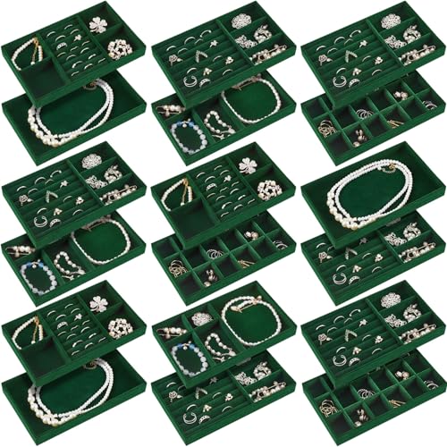 Junkin 18 Pcs Velvet Jewelry Tray, Stackable Jewelry Organizer Trays for Drawer, Jewellery Box Divided Display Tray, Jewelry Inserts for Drawer for Rings Earring Bangle Necklaces(Dark Green) - color: Dark Green