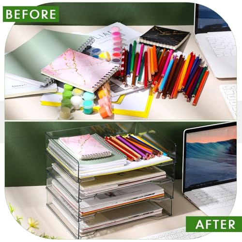 DoubleFill 4 Pcs Stackable Letter Tray Rectangular Plastic Desk Organizer 13 x 9.5 x 2.6 in Paper Holder File Tray Accessories Rack for Desktop Office Desk Drawers (Clear) - color: Clear