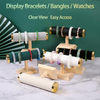 Jewelry Display T-Bar Stand – Elegant Black PU Leather & Natural Oak Wood Base, Space-Saving Organizer for Bracelets, Watches & Bangles - color: Round PU Black