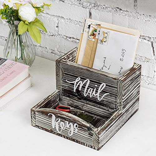 MyGift Rustic Torched Wood Mail Holder and Key Organizer Entryway Storage Tray with Cursive Mail and Keys Word Design, Office, Dorm, Classroom Desktop Organizing Bin - color: Torched Wood