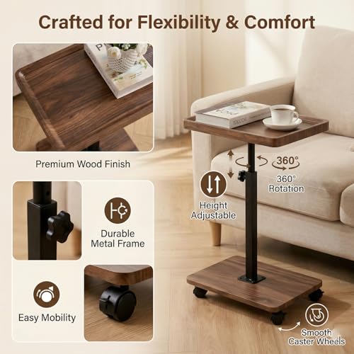 C Table End Table Adjustable Height,C Shaped End for Couch，Snack Tables,360°Swivel TV Tray Sofa Table,Tables that Slide Under,Coffee SideTable for Bed,Chair,Bath-tub,Outdoor(Walnut Color) - color: Walnut Color