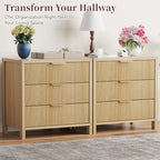 Fluted Nightstand, 23.7'' Wide Night Stand with 3 Drawers, Mid-Century Modern Bedside Table with Handles, Wood End Table for Bedroom, Oak - color: Oak