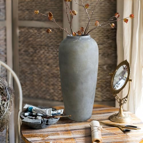 15 Inch Ceramic Rustic Farmhouse Vase, White Grey Handmade Pottery Vase for Living Room & Home Decor, Rustic Flower Vases for Table Centerpieces & Shelf Decoration, Wedding Gifts - color: White Gray, size: Large