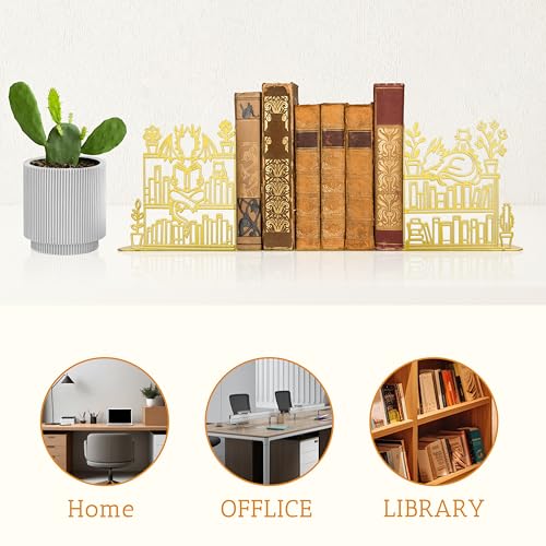 Decorative Gold Lacquered Bookend of Dragon and Cat Reading Lie on Bookshelf, 9.1x 4.7 inches Fantasy Dragon Decoration Bookends, Unique Dragon Decoration, Cute and Fantasy Bookend