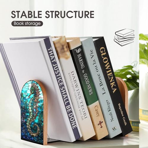 2 PCS Wood Book Ends,Seahorse Stained Glass Art Bookends for Shelves Non Skid Book Ends for Office Home Kitchen, Bookends for Holiding Books 5x3 Inch