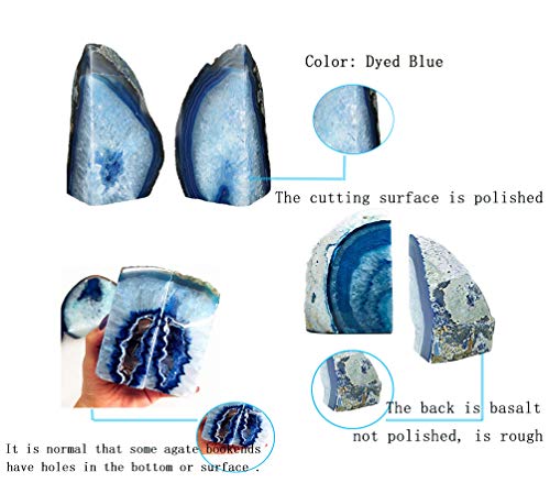 JIC Gem Agate Bookends Dyed Blue Book Ends for Heavy Books Geode Bookends for Bookshelf Decor Cute Stone Bookends with Rubber Bumpers for Office Décor and Home Decoration(1 Pair,6 to 8 Lbs) - color: Blue Dyed, size: 6-8LBS.
