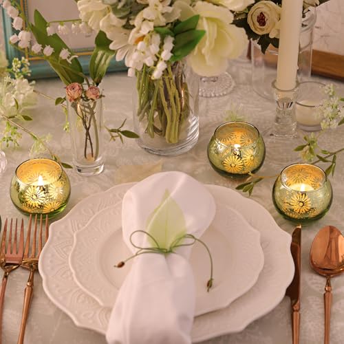 Green Mercury Glass Votive Candle Holders Set of 12, Round Tealight Candle Holders Bulk for Table Centerpieces, Weddings, Shower Gifts, Christmas, Halloween Party Decorations - color: Green