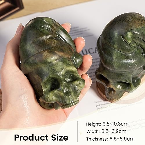 Nupuyai Natural Green Jade Skull with Santa Hat Statue for Home Office Decor, Healing Carved Stone Skeleton Head Figurine Collectible Sculpture for Christmas Halloween Reiki Healing Meditation - size: 3.85-4.05''