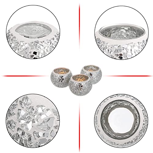 OwnMy 3PCS Mosaic Glass Tea Light Holders Round Bowl Votive Candle Holders Pillar Candle Stands, Silver Glass Mosaic Tealight Holders Potted Plant Bowl Vase Candle Centerpiece for Dining Table Wedding - color: Silver