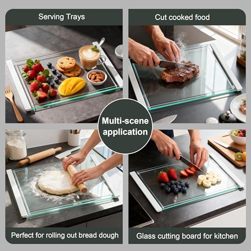 Tempered Glass Cutting Board Set for Kitchen Counter - Dishwasher Safe with Juice Grooves, Non-Slip Silicone Edges & Beveled Grip - 16"x12" & 12"x8" Serving Tray (White-2PCS) - color: White-2PCS