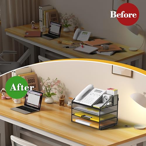 Letter Tray Paper, 4 Tier Desk Organizer with Pen Holder and Handle Mesh File Organizer Paper Sorter Metal Desktop Document Shelf for Office Home Classroom -Black - color: 4 Tier-black