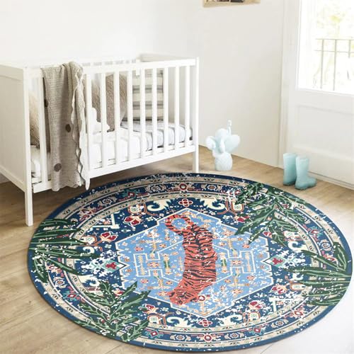 Washable Blue Rugs Thin Oriental Boho Vintage Tropical Leopard 4ft Round Area Rugs for Bedroom Kitchen Dining Living Room Office Distressed Jungle Plants Indoor Entryway Circle Carpet - color: Blue, size: 4' Round