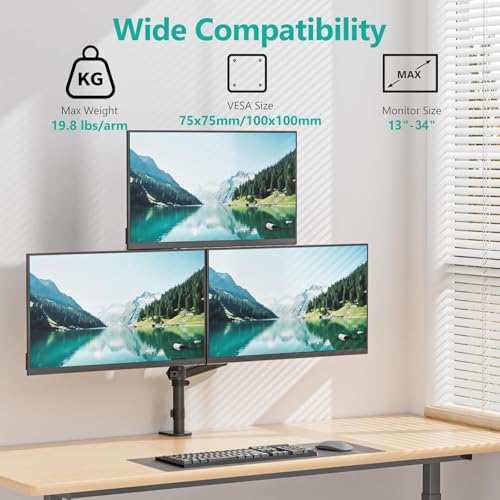 WALI Triple Monitor Mount for 13-34 inch Screens, Full Adjustable 3 Monitors Desk Mount with Clamp & Grommet Base, Triple Monitors Arm, up to 19.8lbs Each, VESA 75x75 100x100 mm (GSDM003XL), Black - size: 13"-34", style: Triple Arms