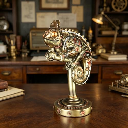 GENUINQ Steampunk Lizard Chameleon Statue Hand Painted Sculpture Resin Cyborg Sci-fi Collectible Figurine with Cool Gear for Home Table Book Shelf Man Cave Decor Gold