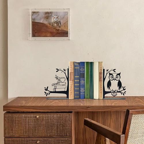 Owl and Books Metal Bookends Cute Owl Book Ends for Shelves Bookshelf Decorative Objects Home Office Desk Gift for Owl Lover（Black）