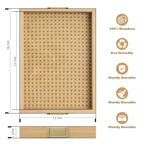 Rattan Woven mesh Surface Wood Serving Tray with Metal Handles, 16.3x13 in Food Drinks Tray for Coffee Table, Breakfast, Dinner & Bar,Kitchen,Party (Rattan Weaving/Large) - color: Rattan Weaving/Large