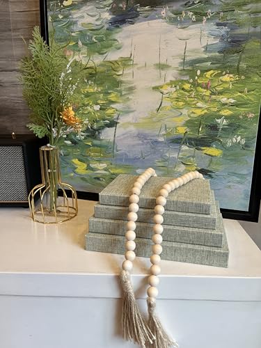 Linen Covered Decorative Books 4 Pieces, Neutral Home Decor Coffee Table Books with Wooden Beaded Tassel, Stacked Books for Rustic Farmhouse Modern, Boho, Bookshelf, Fireplace Mantel Decor, Sage - color: Sage