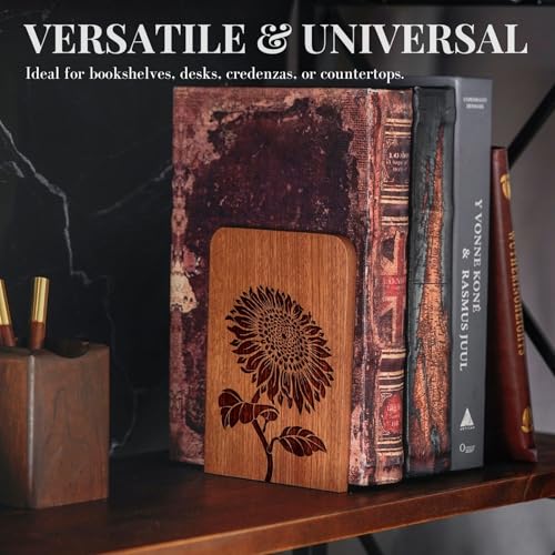 Sunflower Wood Bookends, Sunflower Gifts for Women Men Book Lovers, Novelty Bookends Unique, Heavy Duty Wooden Book Ends for Shelves Decorative(1 Pair, 4.72x6.69 Inches)