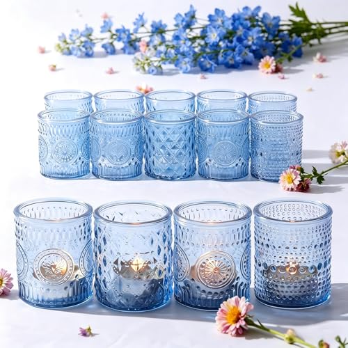 LETINE 16 Pcs Blue Votive Candle Holders, 4 Assorted Patterns Glass Tea Light Candle Holders for Table Centerpieces, Ideal for Spring Summer Wedding Table Centerpieces, Valentine's Day & Parties - color: Blue