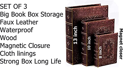 Bellaa Decorative Book Box Antiques Vintage Retro Invisible Secret Storage Faux Leather Wood Magnetic Set of 3 (Gold Foil A) - style: Gold Foil A
