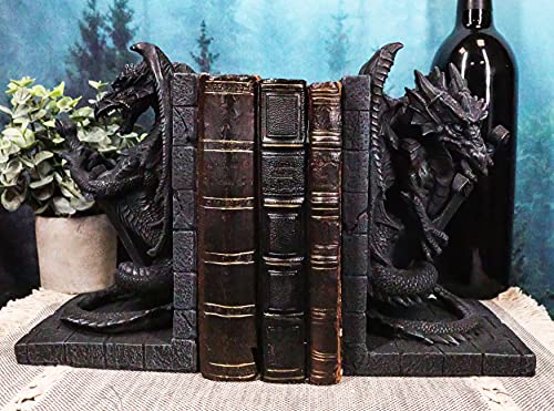 Ebros Gothic Excalibur Sword Guardian Dragon Pair Bookend Set of Two Figurine Faux Stone Sculpture As Renaissance Medieval Fantasy Decor Ancient Serpent Drake Creature for LOTR GOT Fans