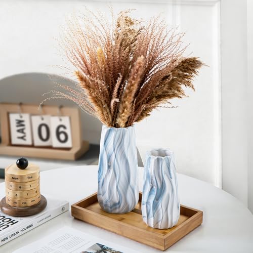 Blue Vases for Home Decor, Decorative Striped Flower Vase, White vases for Table Centerpieces, Light Blue Coastal Vase Set of 2, Ceramic Decoration for Living Room - color: Blue Marble